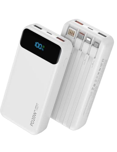 Nusyddy Portable Charger 20000mAh with 4 Built-in Cables & 6 Outputs White