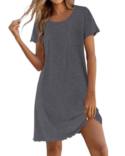Ekouaer Sleep Shirts for Women Bamboo Viscose Nightgowns Soft Night Shirts Short Sleeve Ruffled Night Gowns with Chest Pocket Deep Grey 2XL