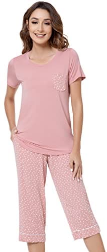 NACHILA Women's Pajamas Short Sleeve Sleepwear Cool Pjs Set with Capri Pants Soft Loungewear, Viscose Made from Bamboo Coral Pink X-Large
