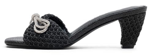 Vepose Women's Black Heeled Sandals, Woven Raffia Approx 3 Inch Flared Block Chunky Slip on Mules with Sparkly Bow - Square Open Toe Prom Night Wedding Size 7.5 (CZR6103 Black 07.5)