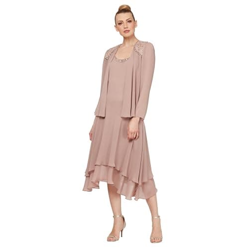 S.L. Fashions Women's Petite Mother of The Bride Dress with Embellished Neckline & Shoulder, Wedding Guest, Cashmere, 6P