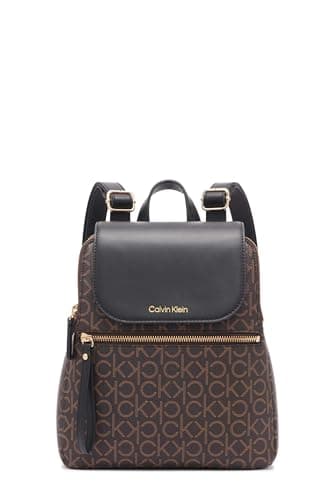Calvin Klein Women's Elaine Signature Flap Backpack, Brown, OS
