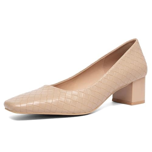 NEWBELLA Women’s Patent Square Toe Pumps - Low Chunky Block Heel Dress Shoes for Office, Party & Daily Wear, Apricot 6