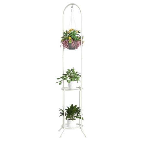 BMOSU Plant Stand with Hooks Indoor Outdoor Corner Tall Plant Stand Heavy-Duty Metal 3-Tier Plant Shelf Holder Rack for Patio Garden Balcony Living Room Bedroom(circular White)