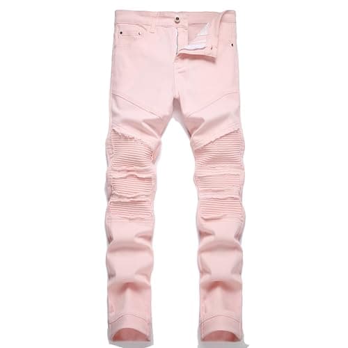 RXXKKK Men's Classic Zipper Biker Regular Fit Flex Jean (28, 244 Pink)