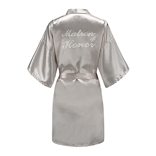 EPLAZA Women's One Size Silver Rhinestones Bride Bridesmaid Short Satin Robes for Wedding Party Getting Ready (Grey, Matron of Honor)