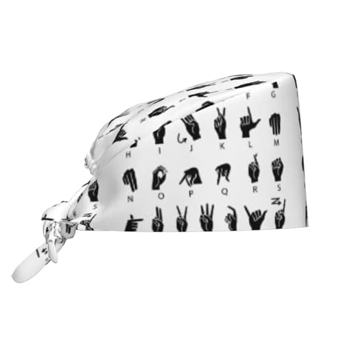 American Sign Language ASL Deaf-Mutes Hand Raster Copy Language Working Cap Scrub Cap with Sweatband Adjustable Unisex Women Tie Back Hat Nurse Surgical Caps