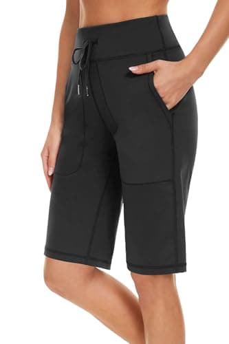 movvoche Women's Long Shorts 12" Knee Length Running Athletic High Waist Deep Pockets Quick Dry Loose Fit Black S