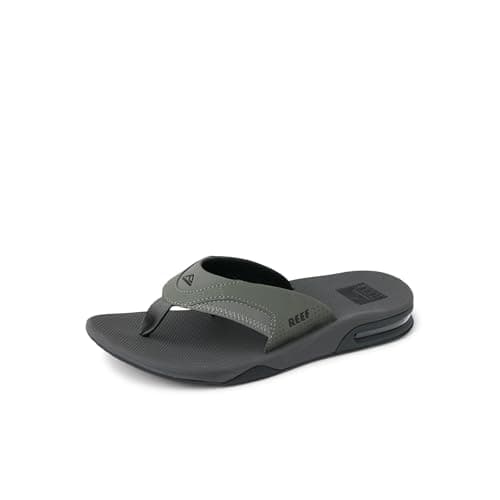 Reef Fanning Mens Bottle Opener Flip Flop, Arch Support, Durable Outsole, Water Friendly, Grey/Black, 7