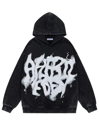 Aelfric Eden Graphic Hoodies Abstract Print Washed Hoodie Long Sleeve Acid Washed Hooded Sweatshirts Trendy Y2k Tops Black