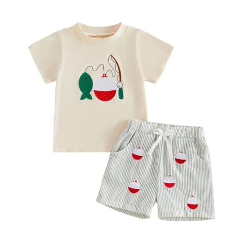 CIYCUIT Toddler Baby Boy Clothes Fishing Embroidered Print T-Shirt and Striped Shorts 2 Piece Outfit Set Beige 18-24 Months