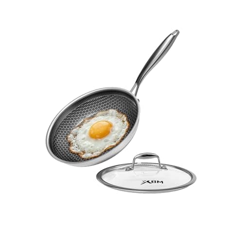 XBM Nonstick Frying Pan with Lid 7-Inch, Durable Stainless Steel Skillet, Induction Cooktop Compatible, PFOA-Free Scratch-Proof, Dishwasher & Oven Safe, Stay-Cool Handle, Silver Kitchen Cookware