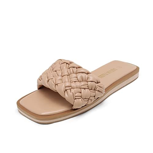 DREAM PAIRS Women's Square Open Toe Slide Sandals Cute Slip on Braided Slides Flat Sandals for Summer,Size 6.5,Nude/Weave,SDSS2212W