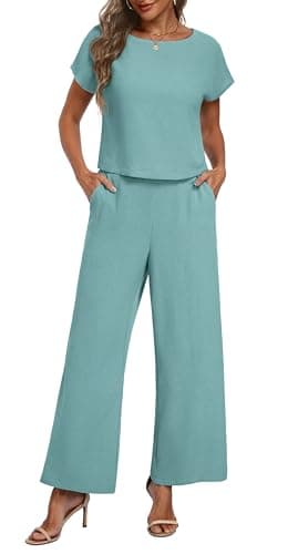 Lepunuo Casual Stripe Two Piece Outfit for Women Cap Sleeve and Wide Leg Pants Sets Tracksuit with Pockets Lounge Matching Set