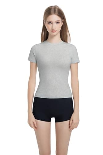 Women’s Slim Fitted Crew Neck T-Shirt Stretchy Cotton Y2K Short Sleeve Tees for Workout Basic Tees Going Out Tops Grey