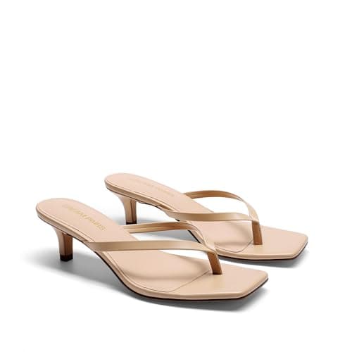DREAM PAIRS Kitten Heels for Women Flip Flop Low Heels Square Open Toe Sandals Thong 1.97 Inch Heeled Sandals for Summer Vacation,Size 7.5,Nude,SDHS25001W