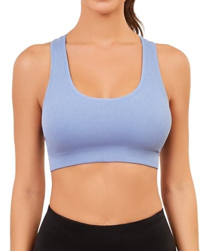 AegisChic Blue Racerback Sports Bra for Women Seamless Ribbed Yoga Bra Padded Supportive Crop Tank Top for Workout