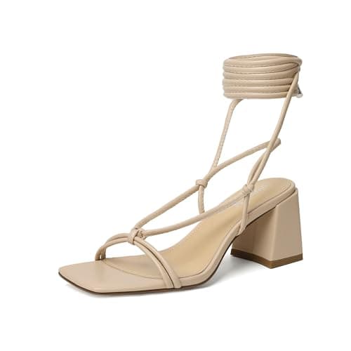 vivianly Women's Lace Up Chunky Heel Sandals Strappy Straps Ankle Wrap Heels Nude Size 8