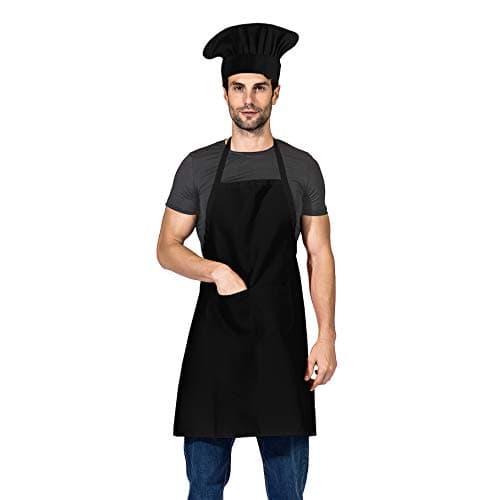 TSD STORY Black Chef Hat and Apron Set,Bib Apron in Big Size and Chef Hat, Bib Cooking Grilling BBQ Kitchen Chef Apron for Men Women Chef.(1set,Black)