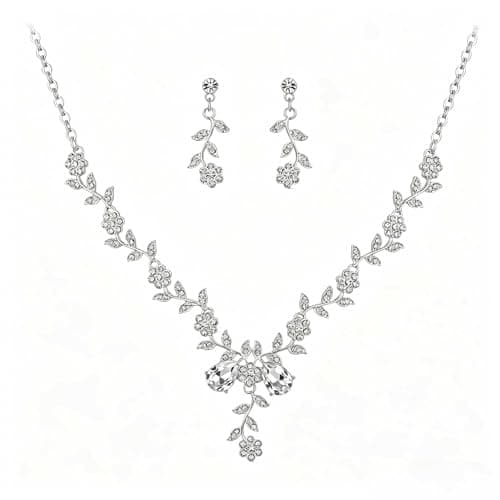 Kamirola Silver Jewelry Set for Women Prom Necklace & Earrings Bridal Wedding Rhinestone Costume Jewelry (Silver)