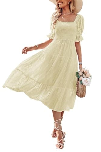 MEROKEETY Women's 2025 Bohemian Summer Flowy Tie Back Puff Short Sleeve Square Neck Beach Midi Dress, Beige, S