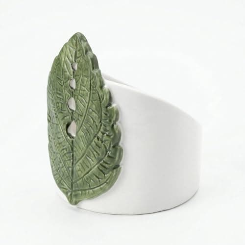 dgudgu Ceramic Leaf Herb Stripper Bowl - Realistic Leaf Shaped Pottery with 4 Sized Vein Holes, Decorative Green Kitchen Tool for Stripping Thyme, Rosemary & Herbs