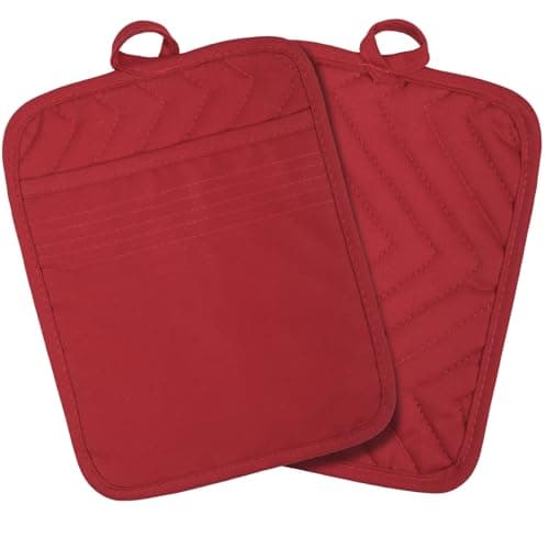 GeeRic Pocket Cotton Pot Holders, 2 Pack Heat-Resistant Quilted Hot Pads with Hand Pockets, Soft and Durable Kitchen Potholders for Cooking, Baking, and Grilling Red