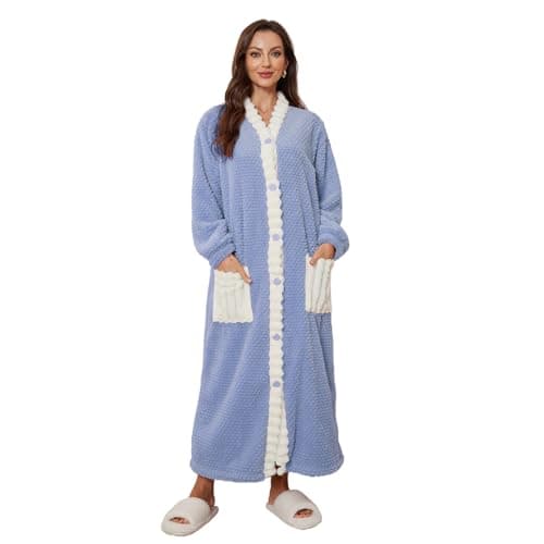 RONGTAI Women's Long Plush Robe, Textured Lounge Robe with Contrast Trim
