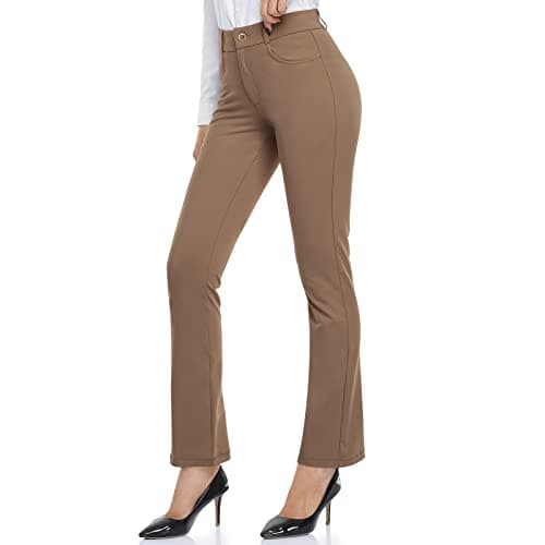 HISKYWIN Womens Dress Pants Yoga Work Office Business Casual Slacks Stretch Bootcut Petite Golf Pants with Pockets Zipper Fly HF833A-Brown-L