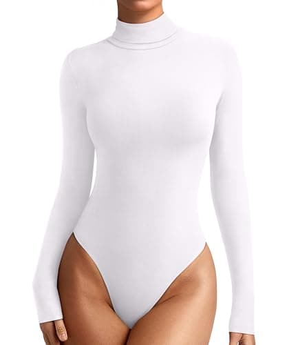REORIA Womens Winter Turtleneck Long Sleeve Tight Shirts Going Out Basic Slim Fit Thong Body Suit Tops Fall Clothes Brilliant White XX-Large