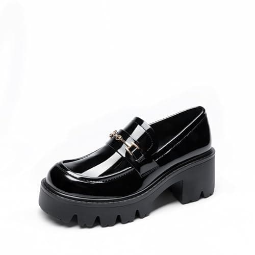 DREAM PAIRS Women Loafers Platform Chunky Heel Slip On Lug Sole Casual Dressy Office Business Shoes,Size 7.5,Black-Pat,DWUMLS2534