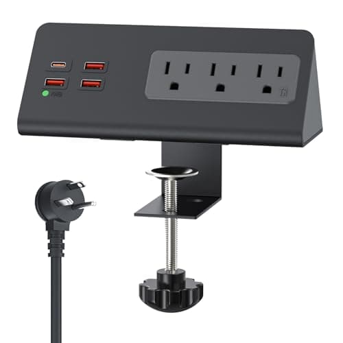 Nightstand Power Strip with PD 20W USB-C, Haylink Desk Surge Protector with 3 AC Outlets & 4 USB Ports, 2M Flat Plug, Desktop Clamp Power Outlet for Office, Home, Hotel, Dormitory, Black
