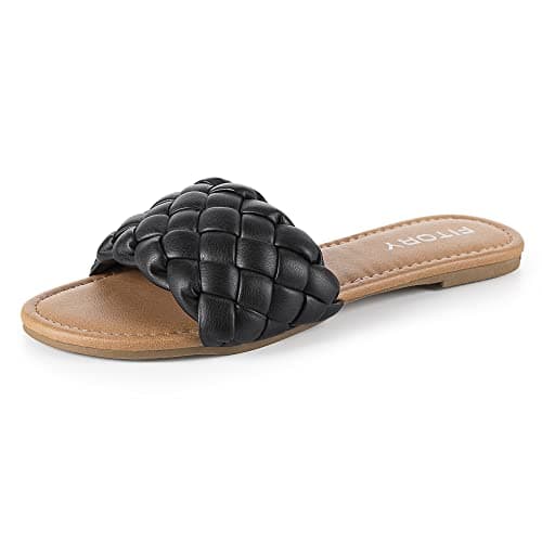 FITORY Womens Flat Sandals Fashion Round Open Toe Slip On Slides with Braided Strap Slippers for Summer Size 9 Black