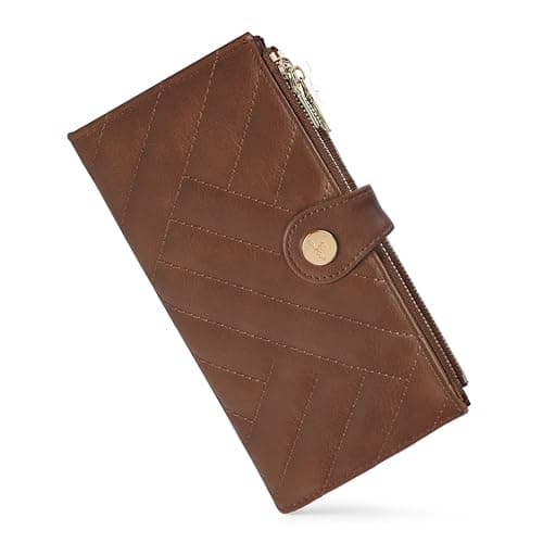 Sunpour Women’s Wallet,Thin RFID Blocking Leather Wallet for Women Credit Card Holder Travel Wallet with Zipper Pocket (Dark Brown)