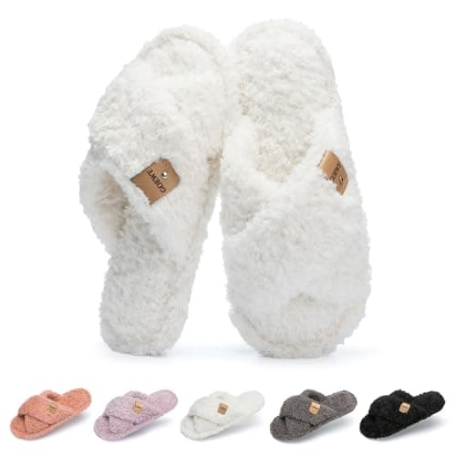 GOEWY Fuzzy Open Toe Slippers for Women Cozy Memory Foam House Shoes Indoor