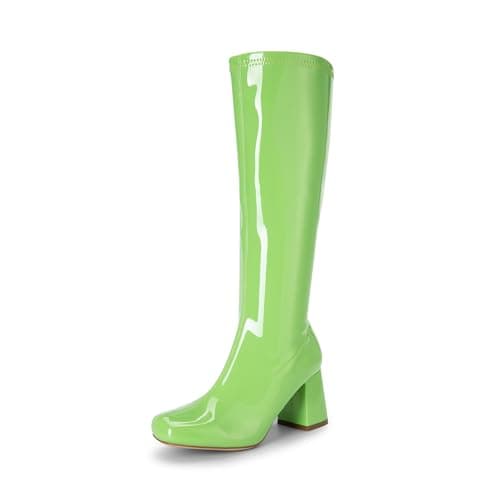 DREAM PAIRS Women's Gogo Boots Square Toe Chunky Wide Calf Knee High Boots,Size 5,Green-Pat,SDKB2231W