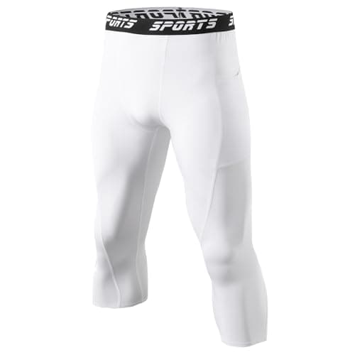 WXUP HOPS Men's 3/4 Compression Pants Athletic Leggings with Pocket - Performance Sportswear for Running, Basketball, Gym, and Outdoor Activities(White1,XL)