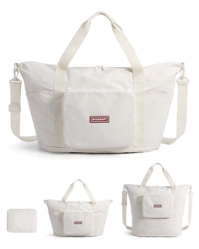 BAGSMART Foldable Travel Bag, 37L Expendable Personal Item Bag, Lightweight Weekender Bags for Women, Water Resistant Extra Carry on for Travel, White