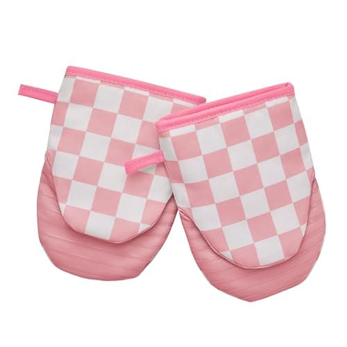 Ohocut Pink Checkered Mini Oven Mitts Heat Resistant, Vintage Retro Checkerboard Mini Silicone Oven Mitts Cute, Non-Slip Small Short Kitchen Oven Gloves Set of 2