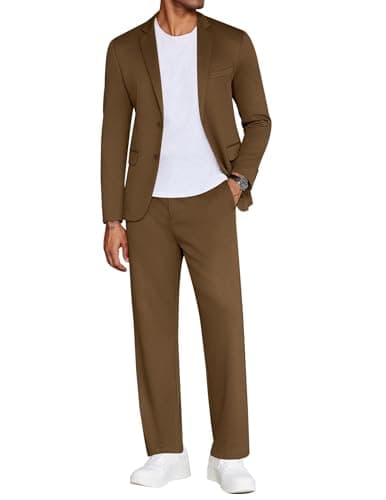 COOFANDY Men's Suits 2 Piece Slim Fit Suit Set 2 Button Lightweight Casual Knit Blazer Suit Jacket Pants Brown
