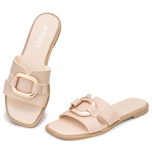 FITORY Women's Flat Sandals Fashion Square Open Toe Slides With Metal Chain Slippers for Summer Size 11 Beige