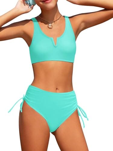 AMAWMW Girls Swimsuit Solid Color V-Neck Cutout Bikini Set Quick Dry Two Piece Bathing Suit for Girl Kids 7-16Y, Cyan, 15-16 Years