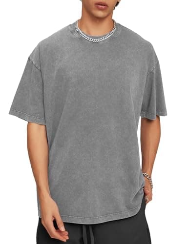 Flygo Oversized Tshirts for Men Cotton Wash Short Sleeve Streetwear Tops Fashion Loose Fit Crewneck Workout Tee Shirts(Grey,L)