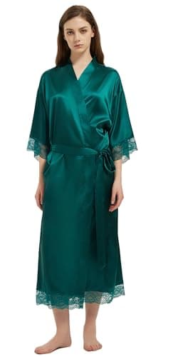 Kihnop Women's Satin Robe Plus Size Silk Kimono Bathrobe Lace Trim Bride Bridesmaid Robes Wedding Party Sleepwear Loungewear