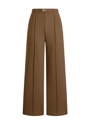 EVAELSS Wide Leg Pants Women Straight Elastic High Waisted Work Slacks Business Casual Pleated Dress Pants Trousers Brown X-Large