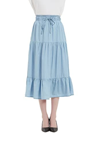Tronjori Womens A Line Long Midi Denim Skirt Tired Layers,XS,Light Blue
