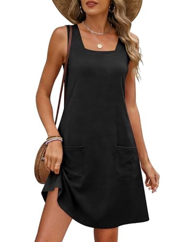 ANRABESS Womens Summer Tank Dress Square Neck Sleeveless Mini Sundress with Pocket 2026 Casual Floral Beach Vacation Outfits Black Large