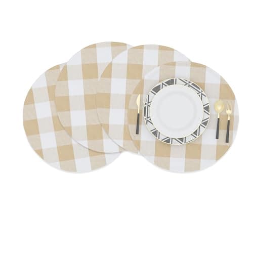 Beige & White Round Placemat Cotton Buffalo Check Plaid Gingham 15 Inch eco-Friendly Fabric Handcrafted Machine Washable Indoor & Outdoor Tablemat Set of 4
