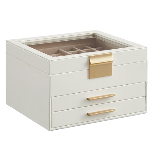 SONGMICS Jewelry Box Organizer, 3-Layer Storage with 2 Drawers, Glass Lid