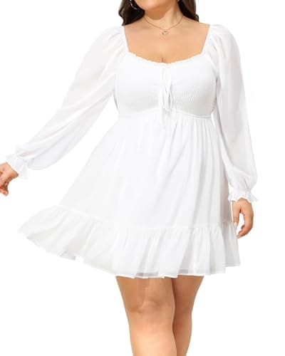 Talisea Plus Size Womens Sweetheart Neckline Dress White Puff Long Sleeve Smocked Chiffon A Line Cute Graduation Dresses